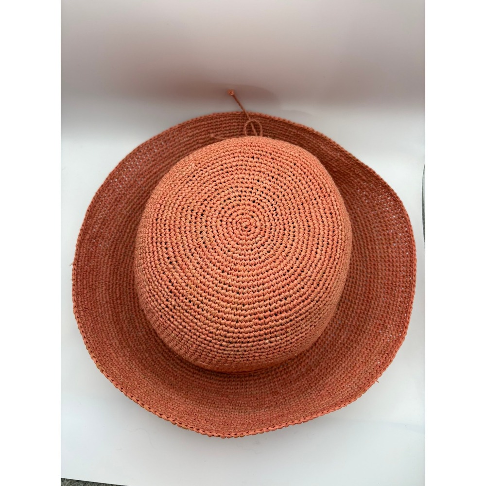 Helen Kaminski Raffia Crochet Sun Hat Coral Pink Wide Brim Made USA Adjustable - Picture 10 of 11